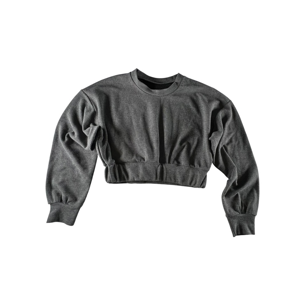 Gray Ribbed Cropped Pullover Sweatshirt Women's Small Long Sleeve Casual Comfort